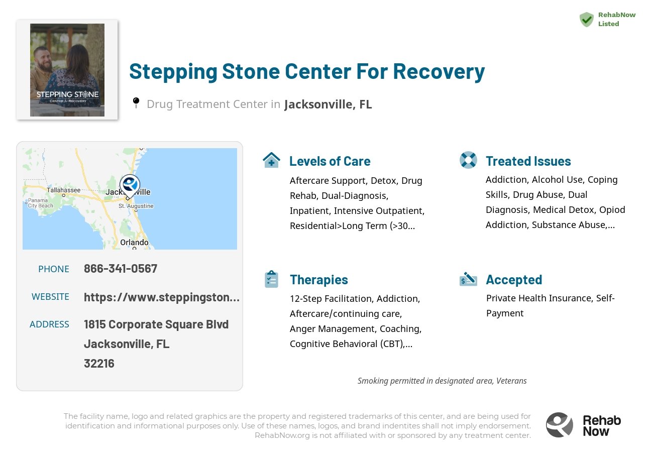 Helpful reference information for Stepping Stone Center For Recovery, a drug treatment center in Florida located at: 1815 Corporate Square Blvd, Jacksonville, FL 32216, including phone numbers, official website, and more. Listed briefly is an overview of Levels of Care, Therapies Offered, Issues Treated, and accepted forms of Payment Methods.