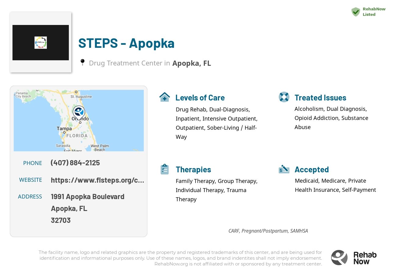 Helpful reference information for STEPS - Apopka, a drug treatment center in Florida located at: 1991 Apopka Boulevard, Apopka, FL, 32703, including phone numbers, official website, and more. Listed briefly is an overview of Levels of Care, Therapies Offered, Issues Treated, and accepted forms of Payment Methods.