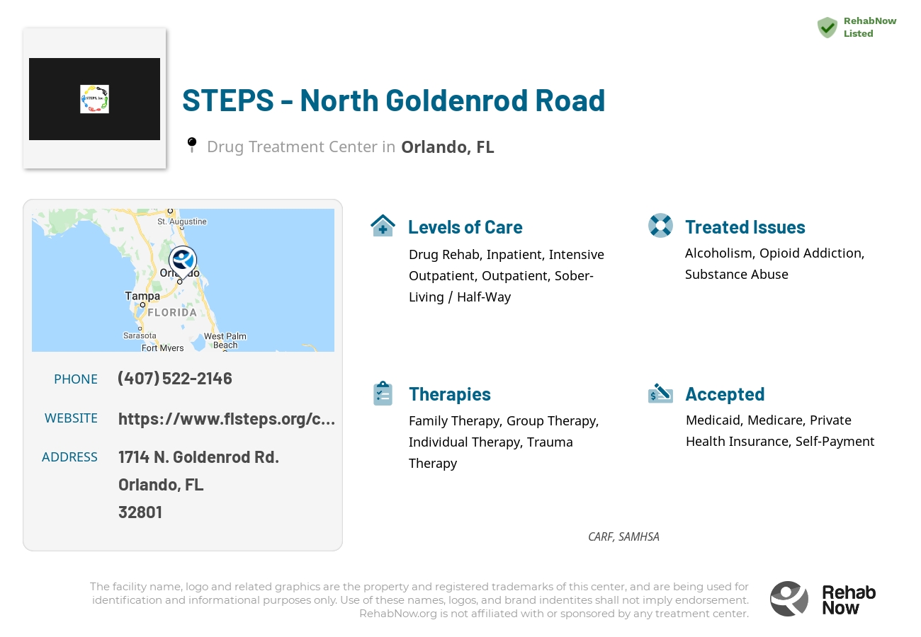 Helpful reference information for STEPS - North Goldenrod Road, a drug treatment center in Florida located at: 1714 N. Goldenrod Rd., Orlando, FL, 32801, including phone numbers, official website, and more. Listed briefly is an overview of Levels of Care, Therapies Offered, Issues Treated, and accepted forms of Payment Methods.