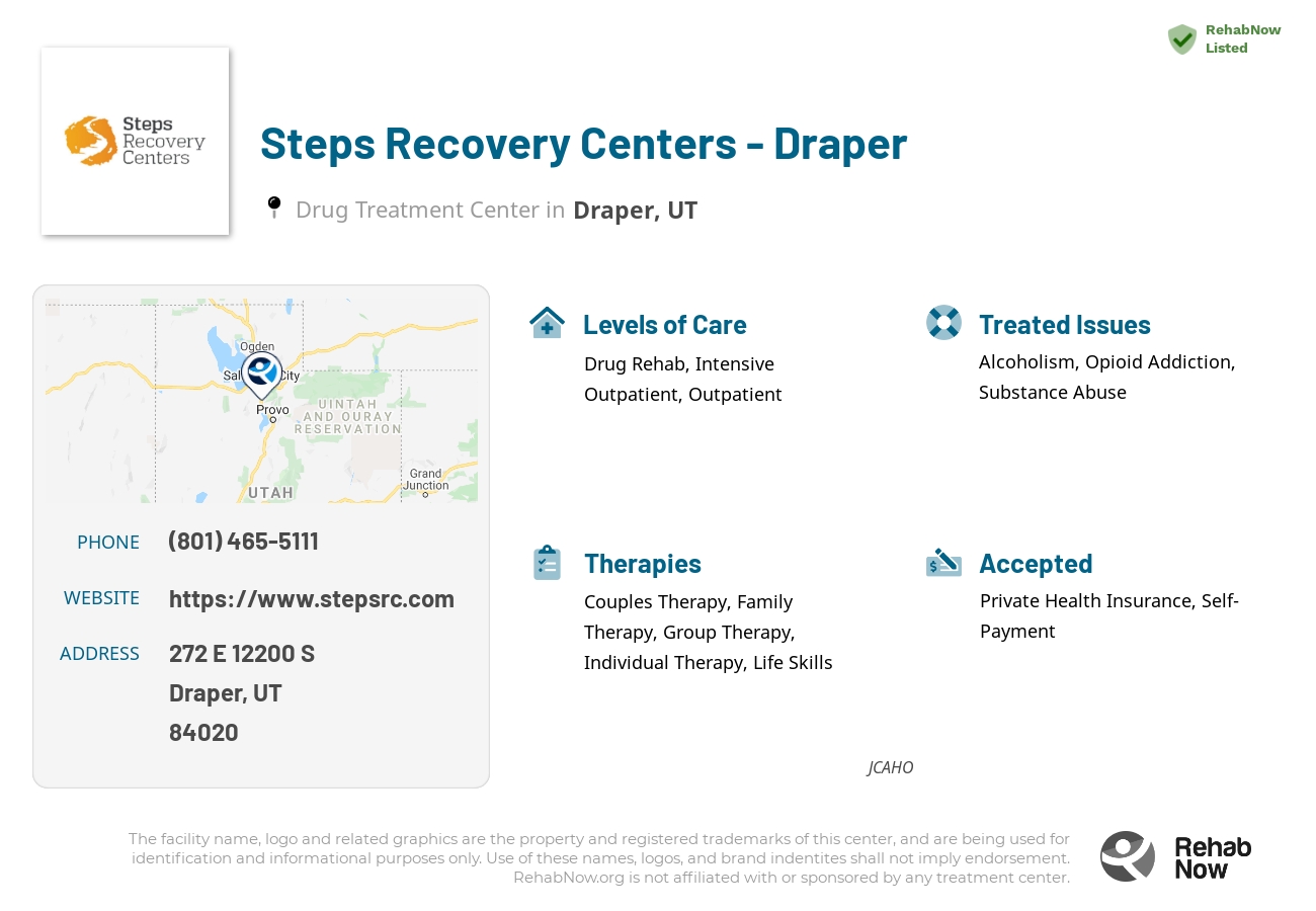 Helpful reference information for Steps Recovery Centers - Draper, a drug treatment center in Utah located at: 272 272 E 12200 S, Draper, UT 84020, including phone numbers, official website, and more. Listed briefly is an overview of Levels of Care, Therapies Offered, Issues Treated, and accepted forms of Payment Methods.