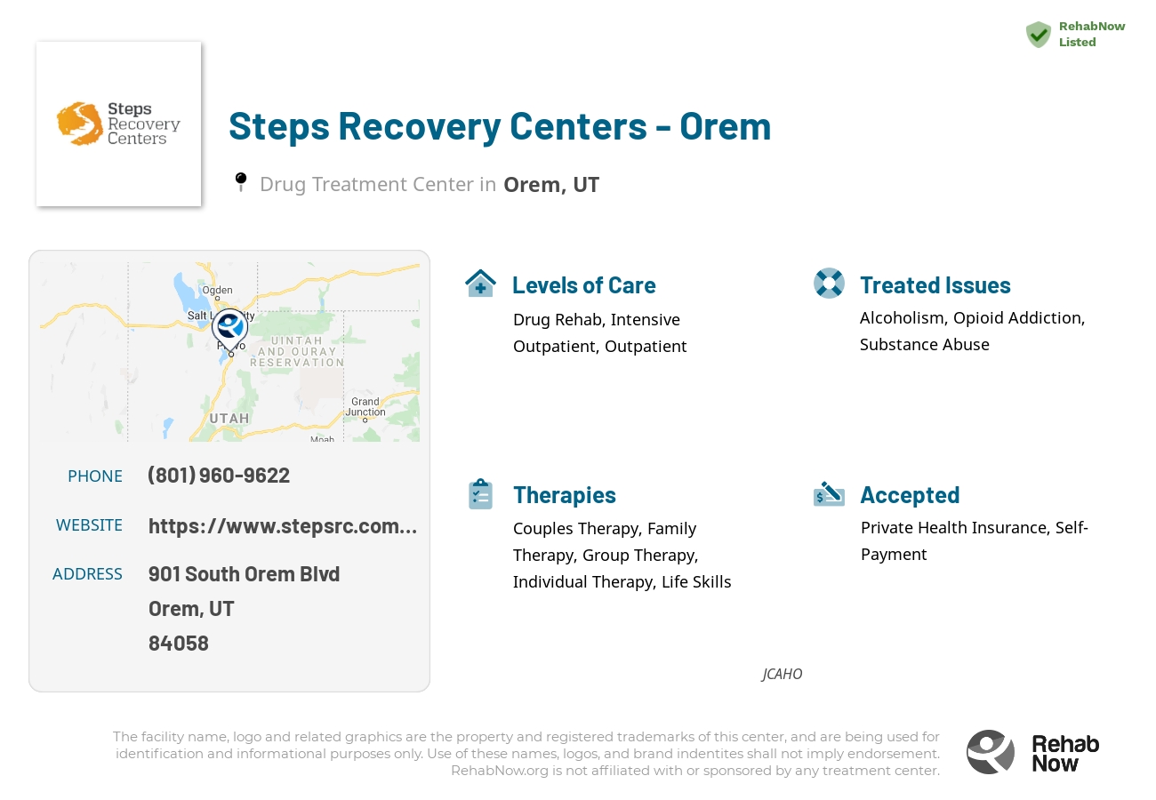 Helpful reference information for Steps Recovery Centers - Orem, a drug treatment center in Utah located at: 901 901 South Orem Blvd, Orem, UT 84058, including phone numbers, official website, and more. Listed briefly is an overview of Levels of Care, Therapies Offered, Issues Treated, and accepted forms of Payment Methods.