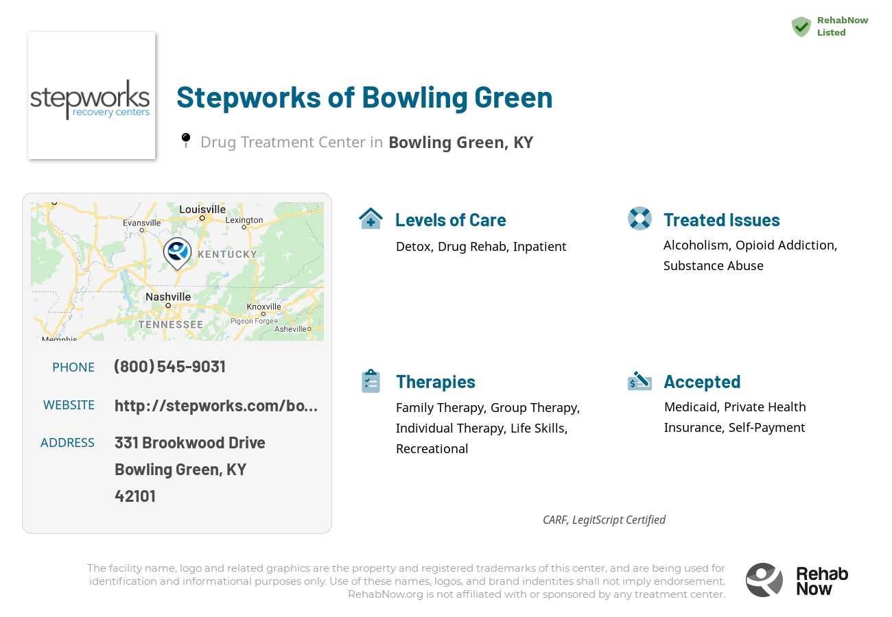 Helpful reference information for Stepworks of Bowling Green, a drug treatment center in Kentucky located at: 331 Brookwood Drive, Bowling Green, KY, 42101, including phone numbers, official website, and more. Listed briefly is an overview of Levels of Care, Therapies Offered, Issues Treated, and accepted forms of Payment Methods.