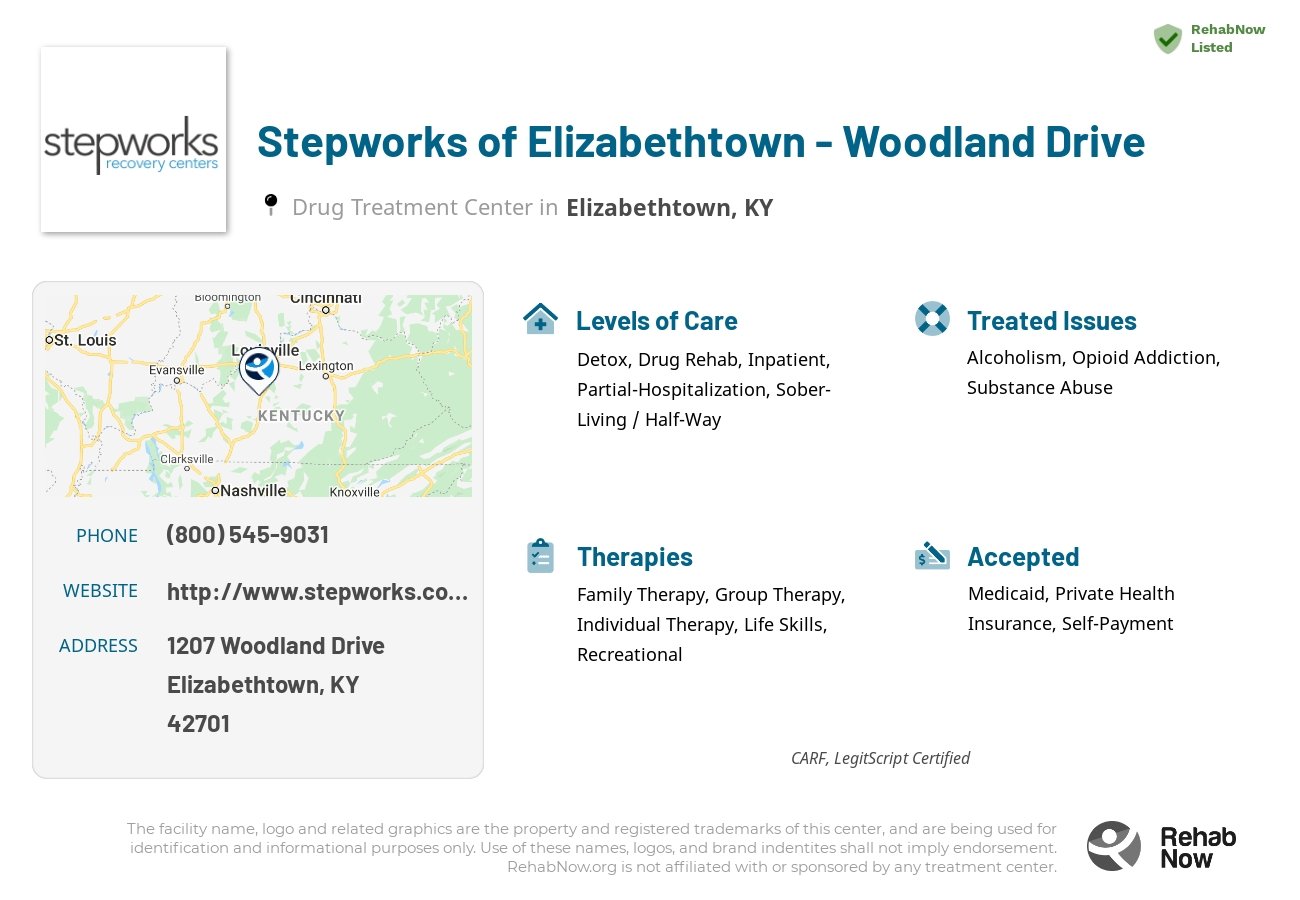 Helpful reference information for Stepworks of Elizabethtown - Woodland Drive, a drug treatment center in Kentucky located at: 1207 Woodland Drive, Elizabethtown, KY, 42701, including phone numbers, official website, and more. Listed briefly is an overview of Levels of Care, Therapies Offered, Issues Treated, and accepted forms of Payment Methods.