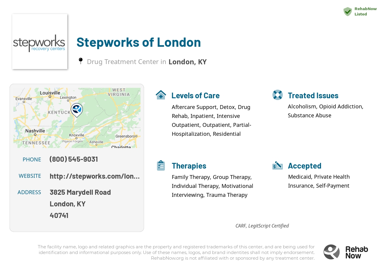 Helpful reference information for Stepworks of London, a drug treatment center in Kentucky located at: 3825 Marydell Road, London, KY, 40741, including phone numbers, official website, and more. Listed briefly is an overview of Levels of Care, Therapies Offered, Issues Treated, and accepted forms of Payment Methods.