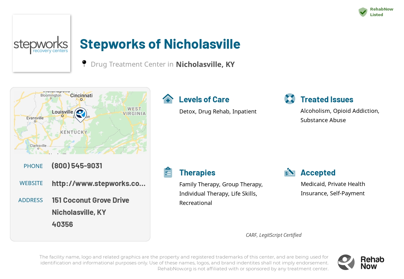 Helpful reference information for Stepworks of Nicholasville, a drug treatment center in Kentucky located at: 151 Coconut Grove Drive, Nicholasville, KY, 40356, including phone numbers, official website, and more. Listed briefly is an overview of Levels of Care, Therapies Offered, Issues Treated, and accepted forms of Payment Methods.