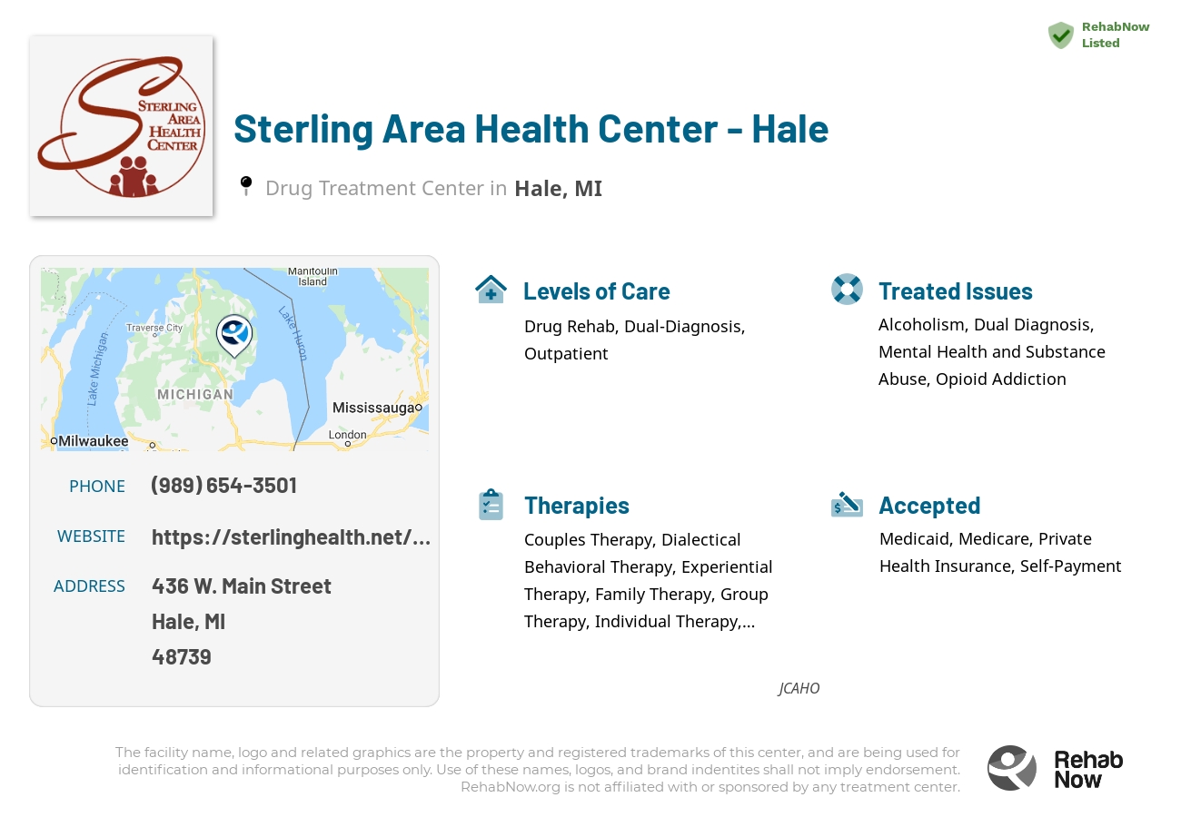 Helpful reference information for Sterling Area Health Center - Hale, a drug treatment center in Michigan located at: 436 W. Main Street, Hale, MI, 48739, including phone numbers, official website, and more. Listed briefly is an overview of Levels of Care, Therapies Offered, Issues Treated, and accepted forms of Payment Methods.