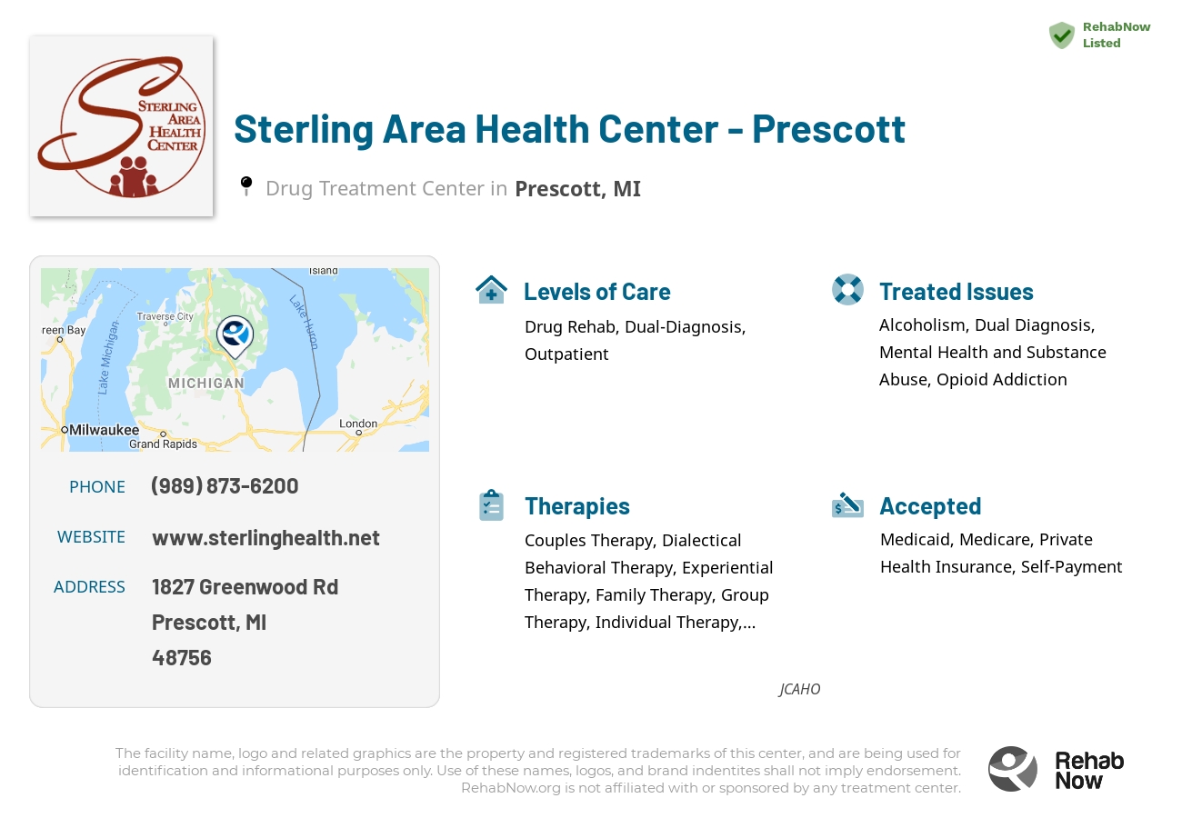 Helpful reference information for Sterling Area Health Center - Prescott, a drug treatment center in Michigan located at: 1827 Greenwood Rd, Prescott, MI, 48756, including phone numbers, official website, and more. Listed briefly is an overview of Levels of Care, Therapies Offered, Issues Treated, and accepted forms of Payment Methods.