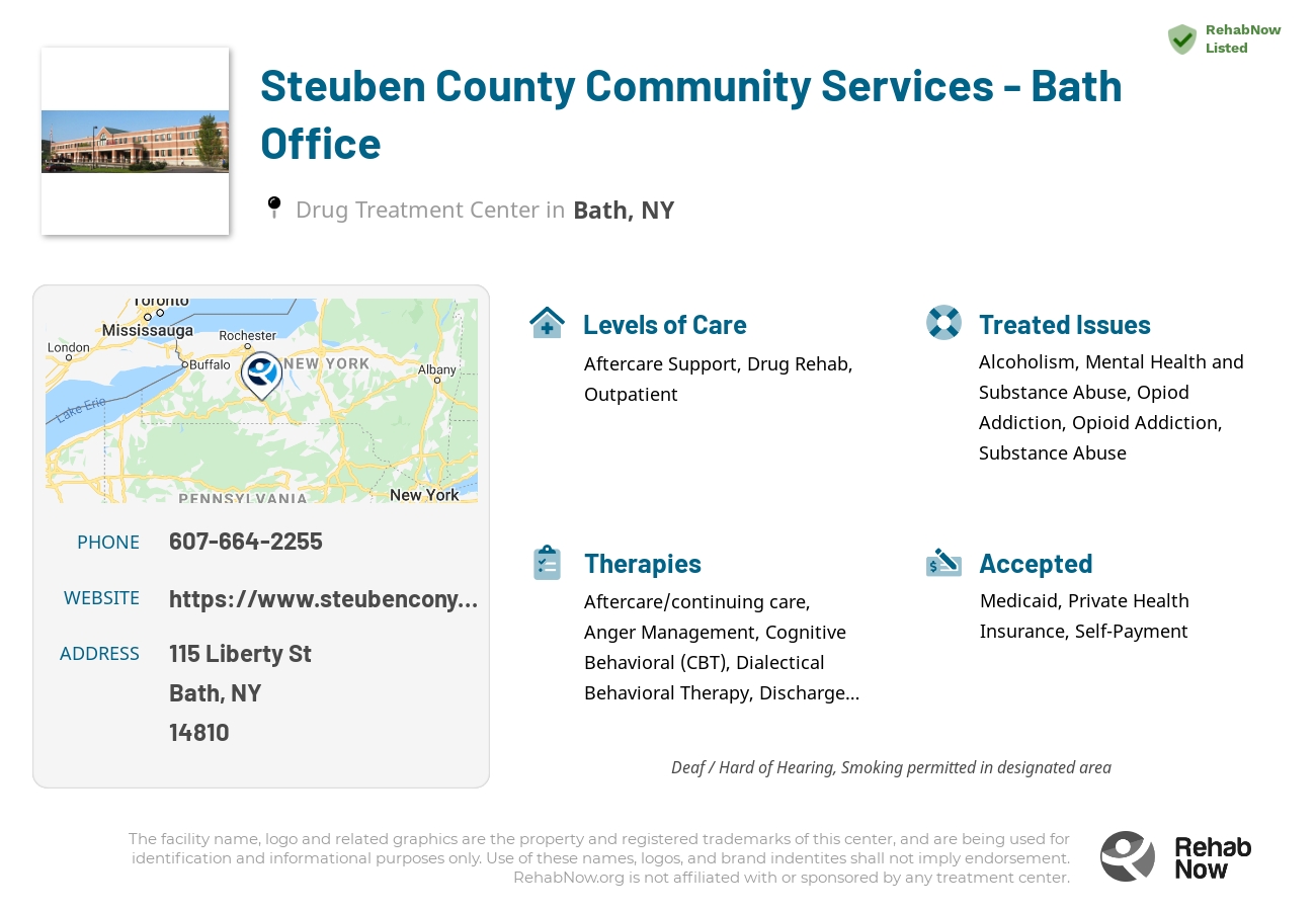 Helpful reference information for Steuben County Community Services - Bath Office, a drug treatment center in New York located at: 115 Liberty St, Bath, NY 14810, including phone numbers, official website, and more. Listed briefly is an overview of Levels of Care, Therapies Offered, Issues Treated, and accepted forms of Payment Methods.