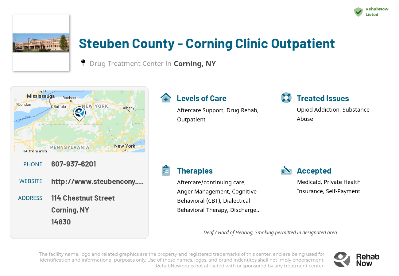 Helpful reference information for Steuben County -  Corning Clinic Outpatient, a drug treatment center in New York located at: 114 Chestnut Street, Corning, NY 14830, including phone numbers, official website, and more. Listed briefly is an overview of Levels of Care, Therapies Offered, Issues Treated, and accepted forms of Payment Methods.