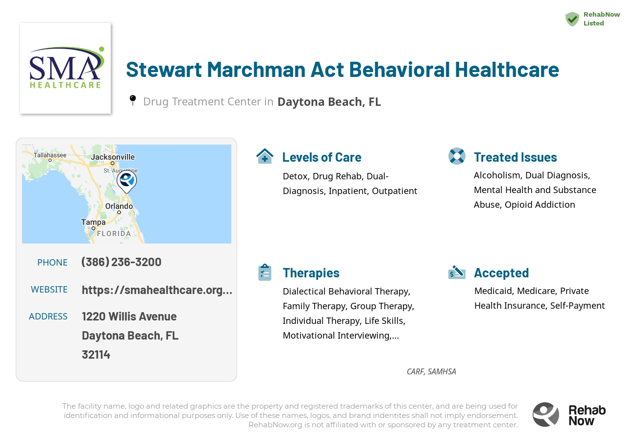Helpful reference information for Stewart Marchman Act Behavioral Healthcare, a drug treatment center in Florida located at: 1220 Willis Avenue, Daytona Beach, FL, 32114, including phone numbers, official website, and more. Listed briefly is an overview of Levels of Care, Therapies Offered, Issues Treated, and accepted forms of Payment Methods.