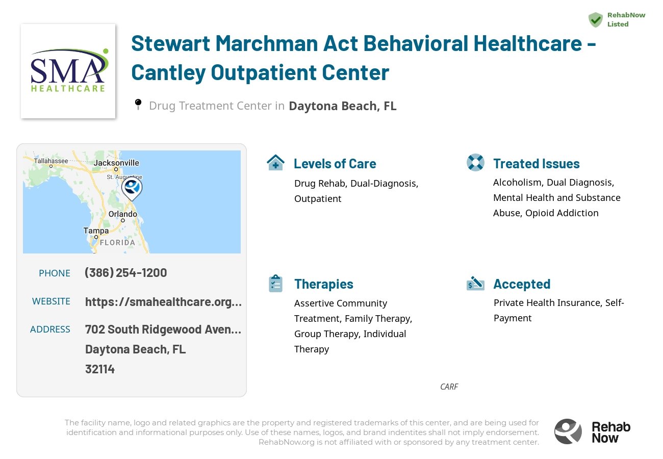 Helpful reference information for Stewart Marchman Act Behavioral Healthcare - Cantley Outpatient Center, a drug treatment center in Florida located at: 702 South Ridgewood Avenue, Daytona Beach, FL, 32114, including phone numbers, official website, and more. Listed briefly is an overview of Levels of Care, Therapies Offered, Issues Treated, and accepted forms of Payment Methods.