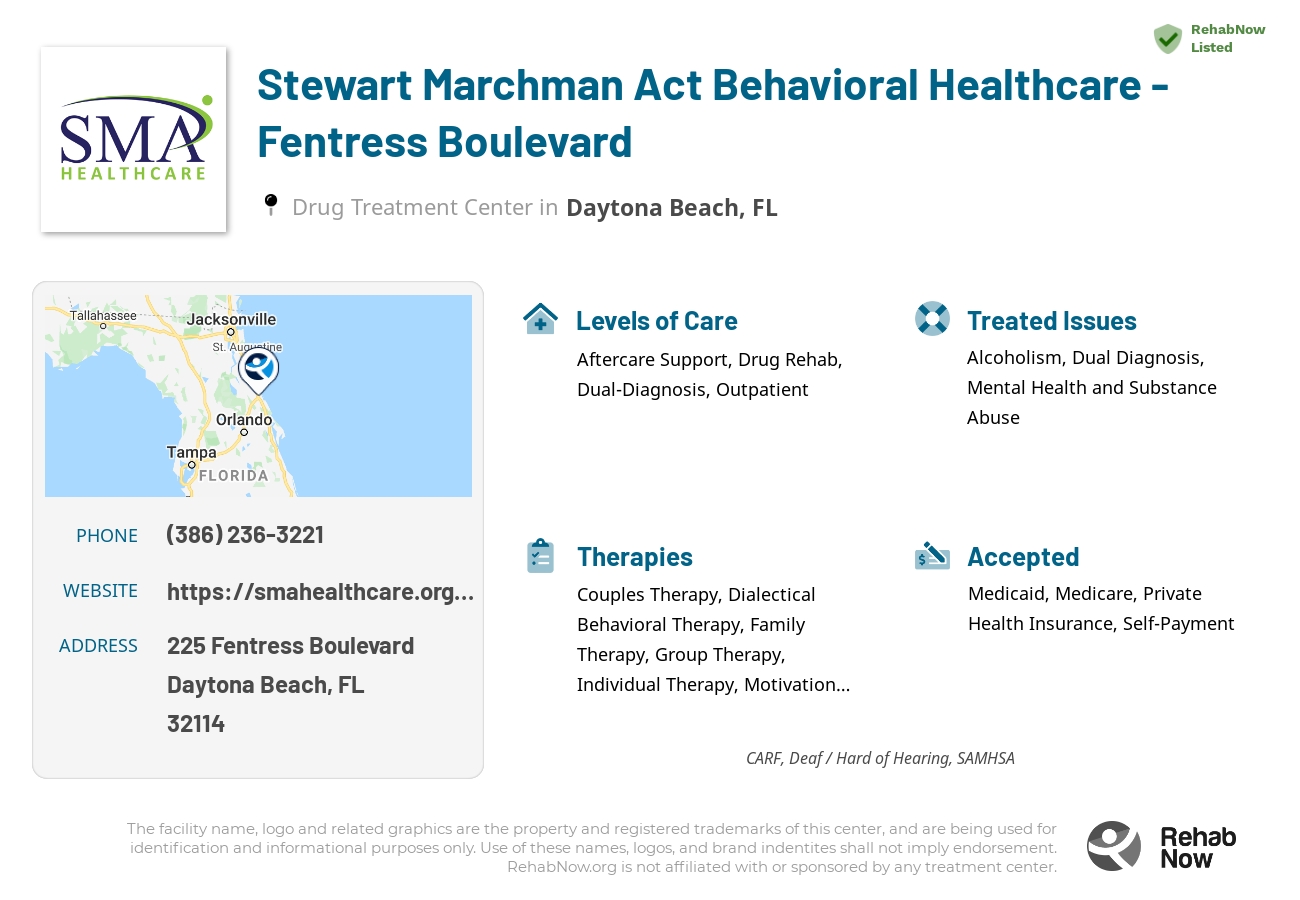 Helpful reference information for Stewart Marchman Act Behavioral Healthcare - Fentress Boulevard, a drug treatment center in Florida located at: 225 Fentress Boulevard, Daytona Beach, FL, 32114, including phone numbers, official website, and more. Listed briefly is an overview of Levels of Care, Therapies Offered, Issues Treated, and accepted forms of Payment Methods.