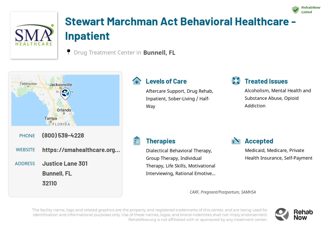 Helpful reference information for Stewart Marchman Act Behavioral Healthcare - Inpatient, a drug treatment center in Florida located at: Justice Lane 301, Bunnell, FL, 32110, including phone numbers, official website, and more. Listed briefly is an overview of Levels of Care, Therapies Offered, Issues Treated, and accepted forms of Payment Methods.