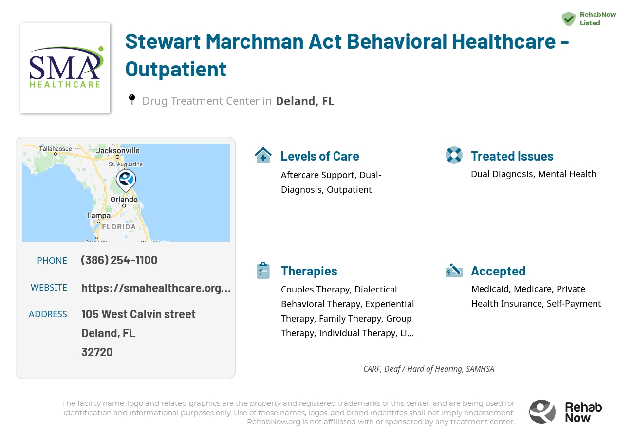 Helpful reference information for Stewart Marchman Act Behavioral Healthcare - Outpatient, a drug treatment center in Florida located at: 105 West Calvin street, Deland, FL, 32720, including phone numbers, official website, and more. Listed briefly is an overview of Levels of Care, Therapies Offered, Issues Treated, and accepted forms of Payment Methods.