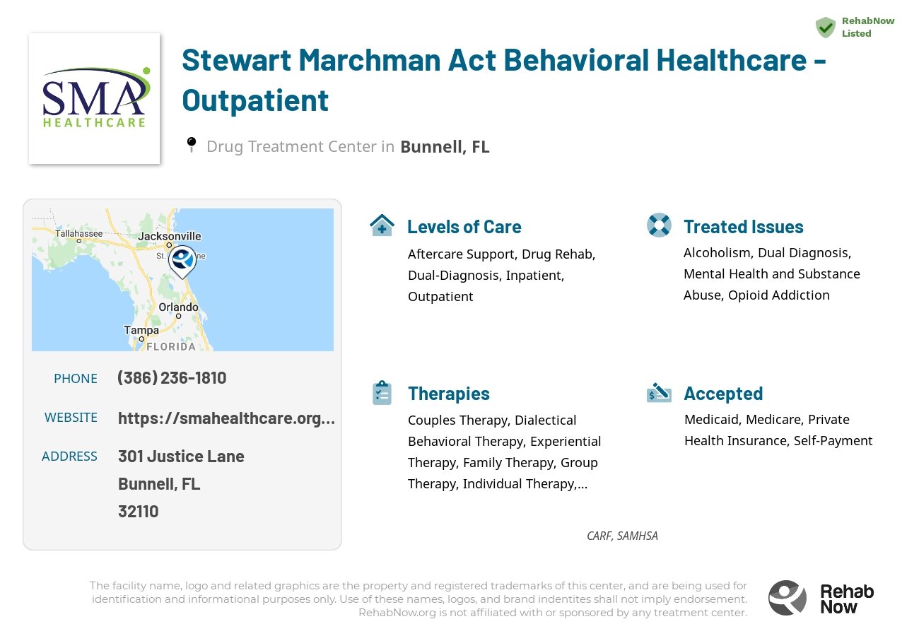 Helpful reference information for Stewart Marchman Act Behavioral Healthcare - Outpatient, a drug treatment center in Florida located at: 301 Justice Lane, Bunnell, FL, 32110, including phone numbers, official website, and more. Listed briefly is an overview of Levels of Care, Therapies Offered, Issues Treated, and accepted forms of Payment Methods.
