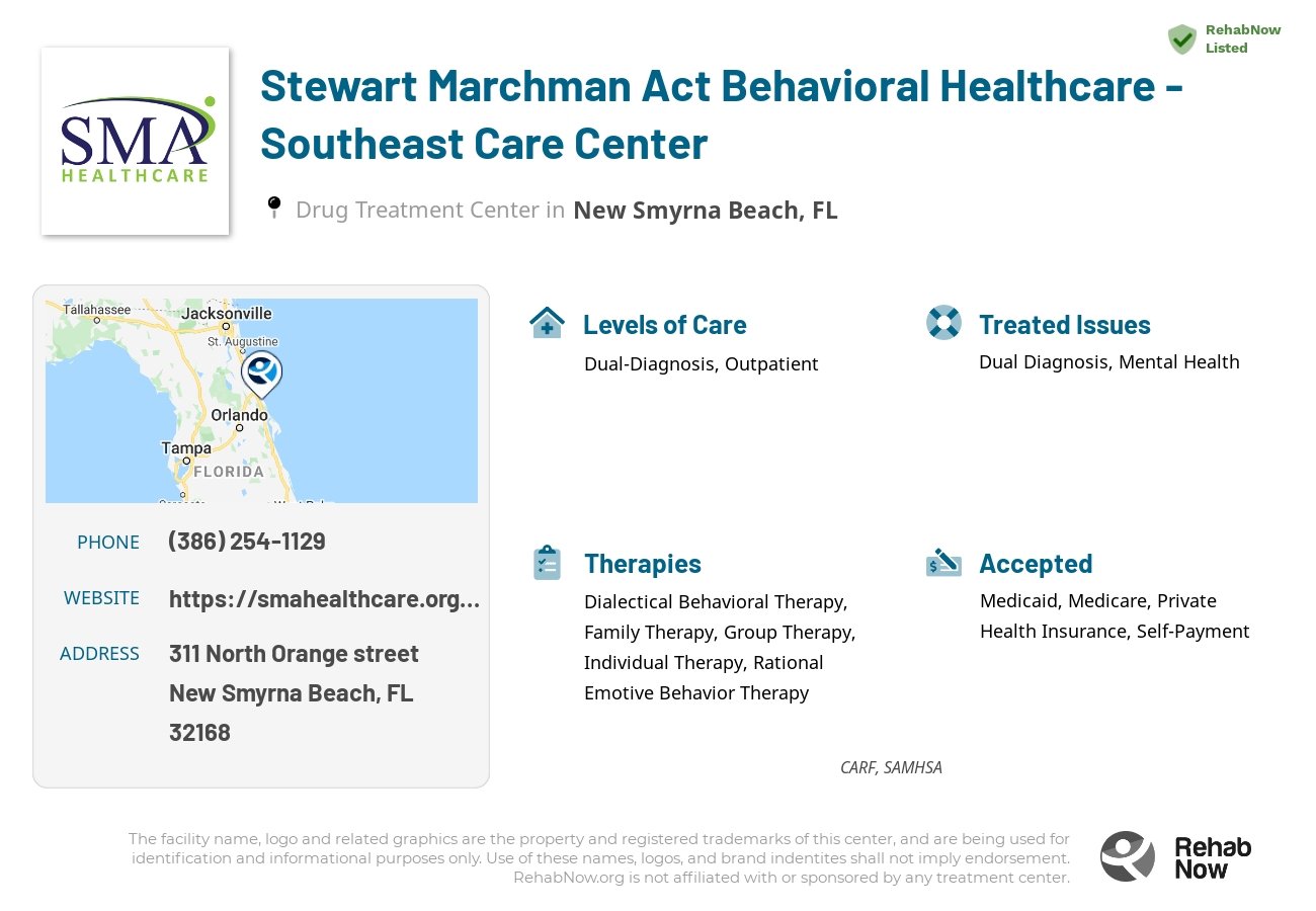 Helpful reference information for Stewart Marchman Act Behavioral Healthcare - Southeast Care Center, a drug treatment center in Florida located at: 311 North Orange street, New Smyrna Beach, FL, 32168, including phone numbers, official website, and more. Listed briefly is an overview of Levels of Care, Therapies Offered, Issues Treated, and accepted forms of Payment Methods.