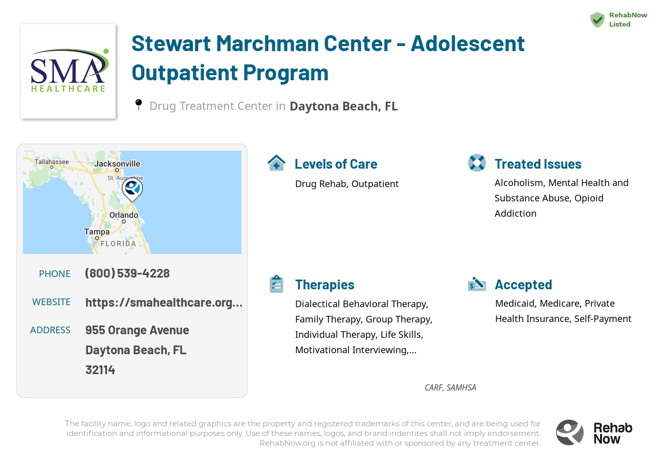 Helpful reference information for Stewart Marchman Center - Adolescent Outpatient Program, a drug treatment center in Florida located at: 955 Orange Avenue, Daytona Beach, FL, 32114, including phone numbers, official website, and more. Listed briefly is an overview of Levels of Care, Therapies Offered, Issues Treated, and accepted forms of Payment Methods.