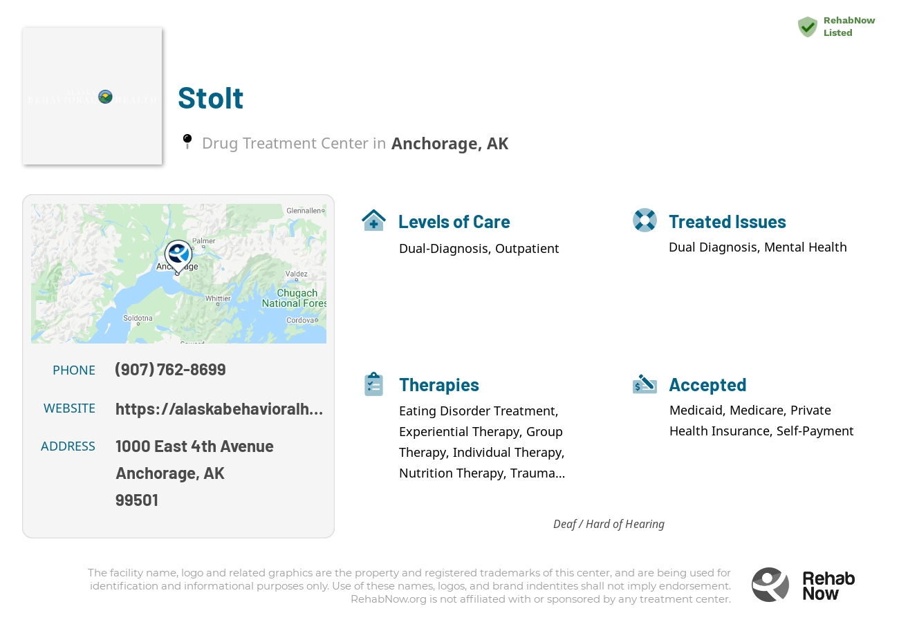 Helpful reference information for Stolt, a drug treatment center in Alaska located at: 1000 East 4th Avenue, Anchorage, AK, 99501, including phone numbers, official website, and more. Listed briefly is an overview of Levels of Care, Therapies Offered, Issues Treated, and accepted forms of Payment Methods.