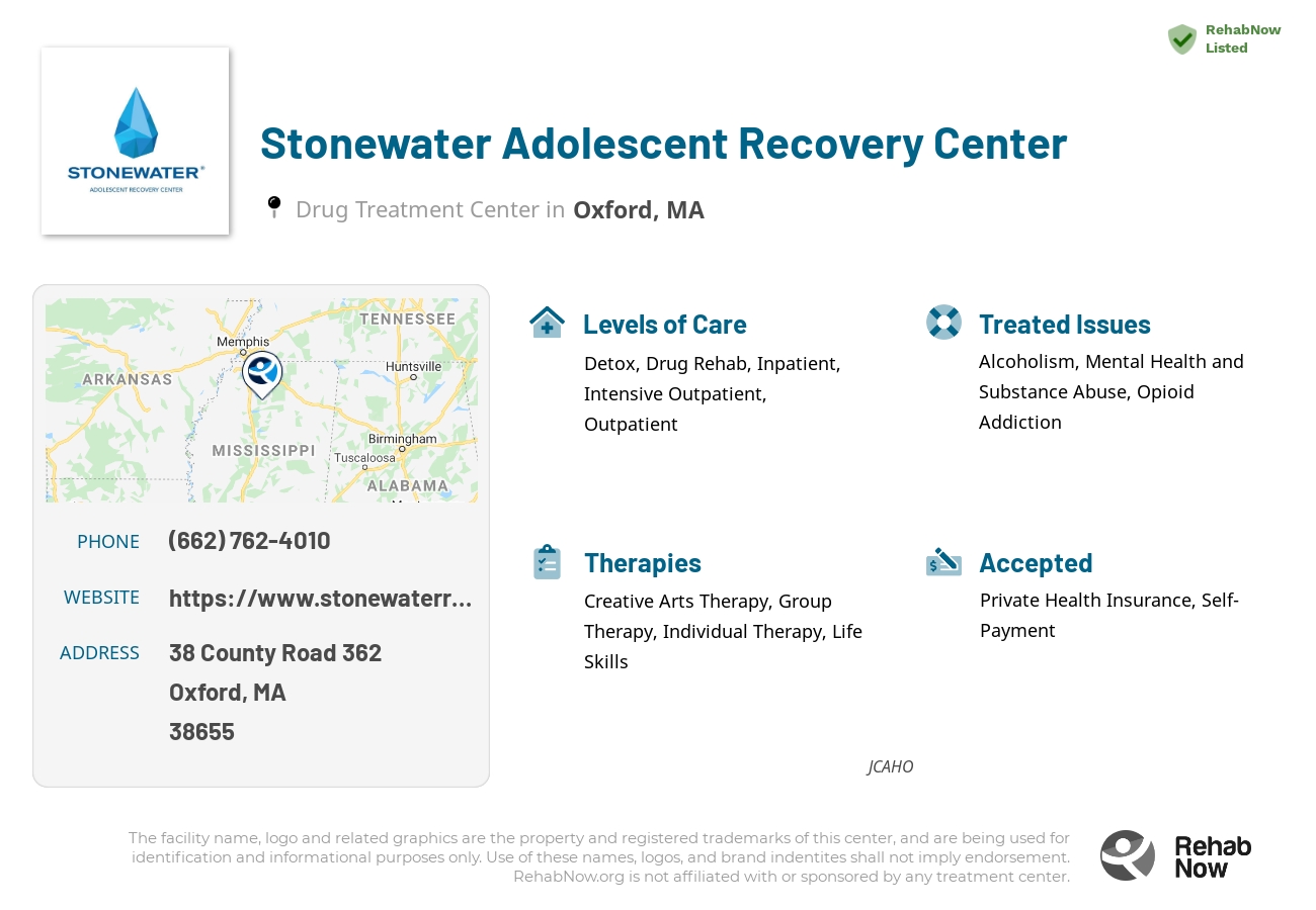 Helpful reference information for Stonewater Adolescent Recovery Center, a drug treatment center in Massachusetts located at: 38 County Road 362, Oxford, MA, 38655, including phone numbers, official website, and more. Listed briefly is an overview of Levels of Care, Therapies Offered, Issues Treated, and accepted forms of Payment Methods.