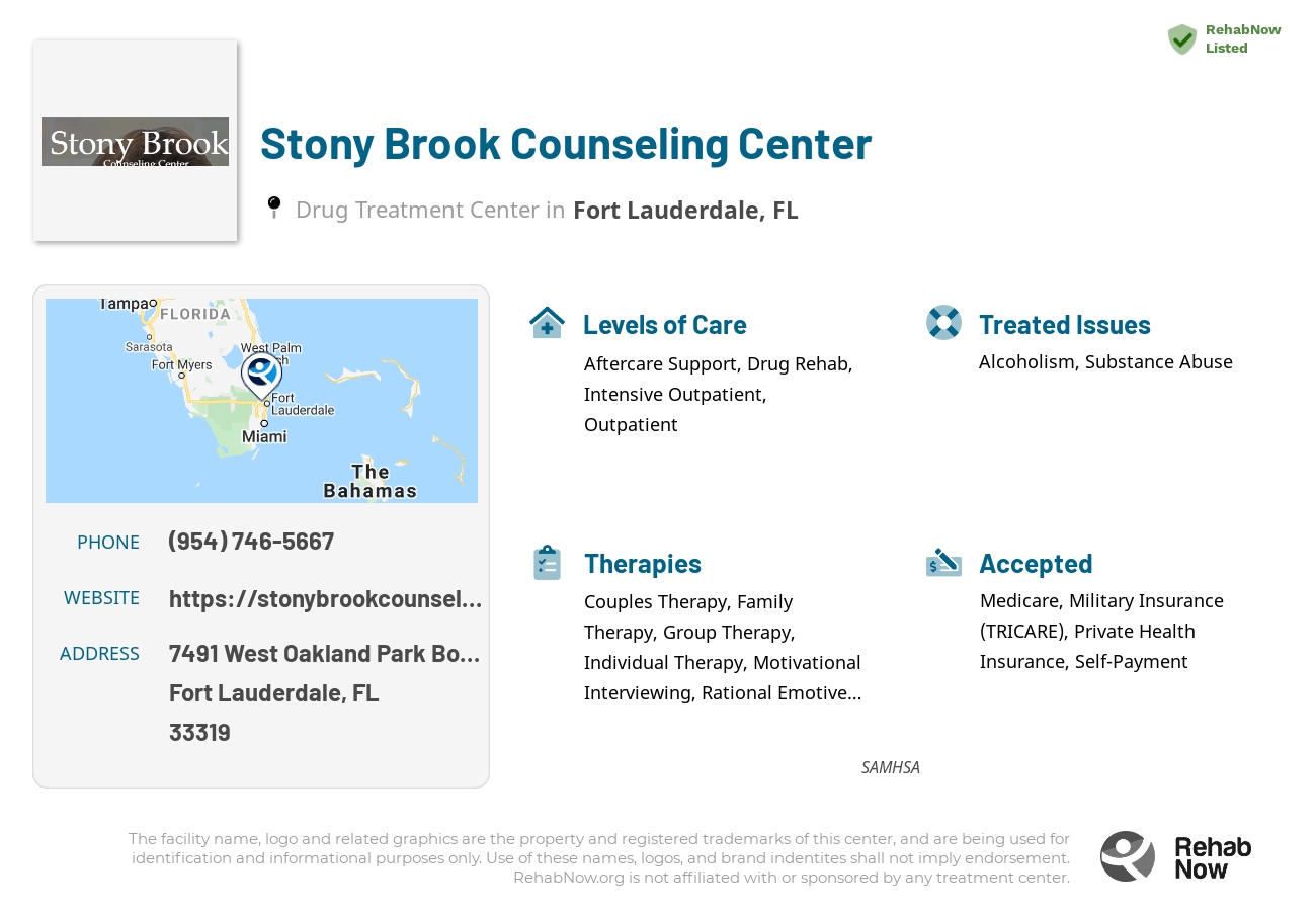 Helpful reference information for Stony Brook Counseling Center, a drug treatment center in Florida located at: 7491 West Oakland Park Boulevard, Fort Lauderdale, FL, 33319, including phone numbers, official website, and more. Listed briefly is an overview of Levels of Care, Therapies Offered, Issues Treated, and accepted forms of Payment Methods.