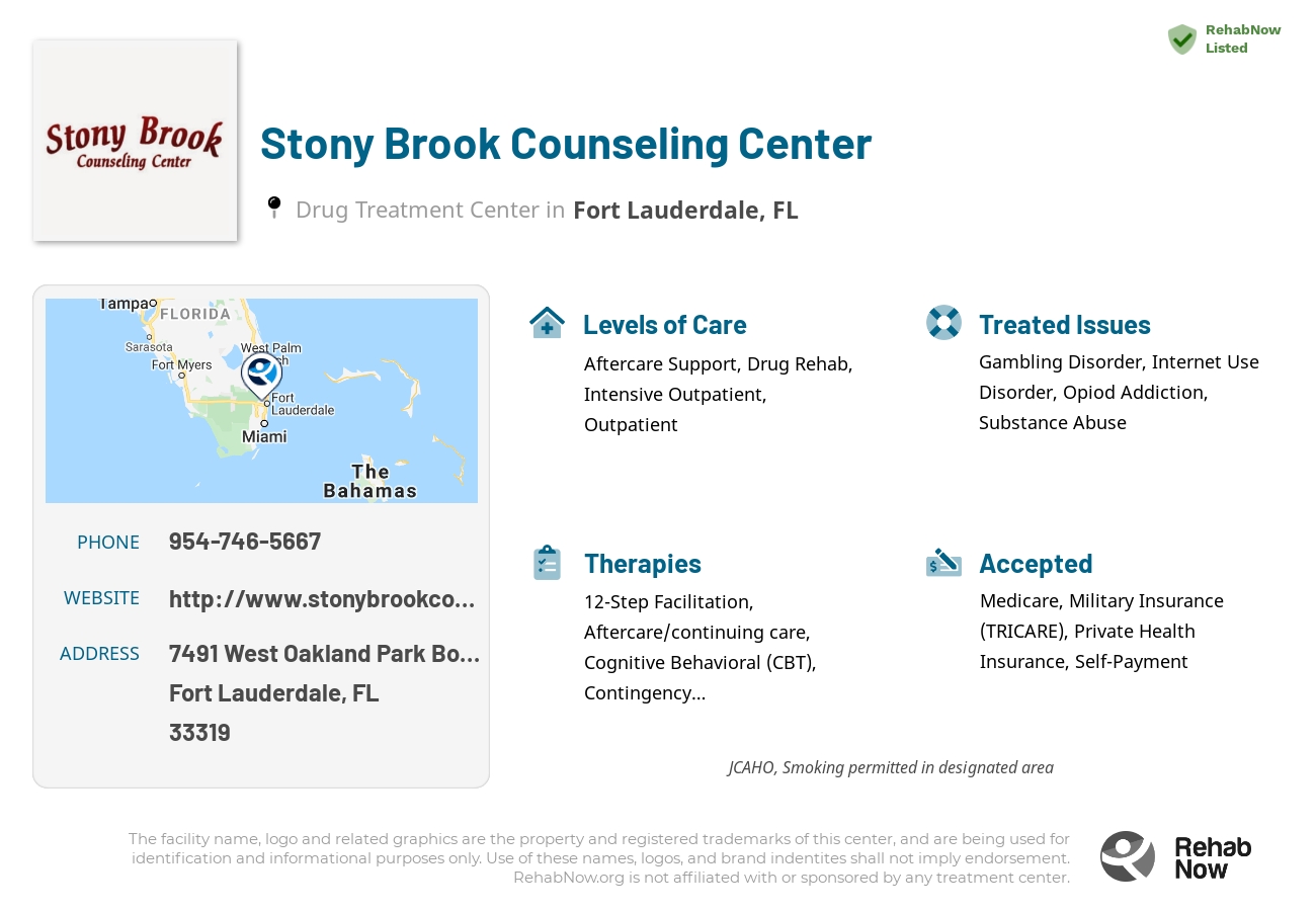 Helpful reference information for Stony Brook Counseling Center, a drug treatment center in Florida located at: 7491 West Oakland Park Boulevard Suite 308, Fort Lauderdale, FL 33319, including phone numbers, official website, and more. Listed briefly is an overview of Levels of Care, Therapies Offered, Issues Treated, and accepted forms of Payment Methods.