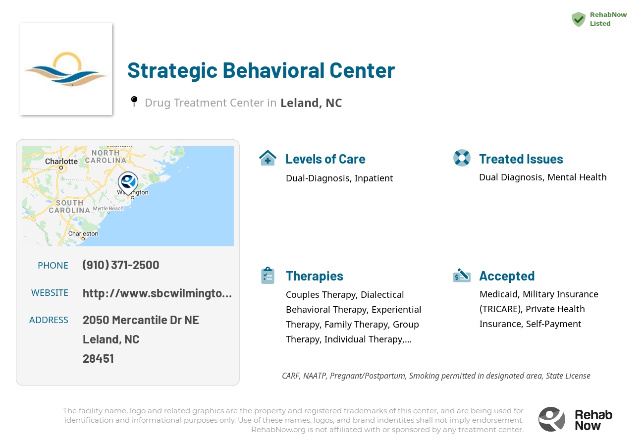Helpful reference information for Strategic Behavioral Center, a drug treatment center in North Carolina located at: 2050 Mercantile Dr NE, Leland, NC 28451, including phone numbers, official website, and more. Listed briefly is an overview of Levels of Care, Therapies Offered, Issues Treated, and accepted forms of Payment Methods.
