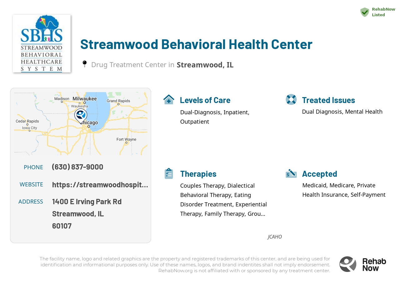 Helpful reference information for Streamwood Behavioral Health Center, a drug treatment center in Illinois located at: 1400 E Irving Park Rd, Streamwood, IL 60107, including phone numbers, official website, and more. Listed briefly is an overview of Levels of Care, Therapies Offered, Issues Treated, and accepted forms of Payment Methods.