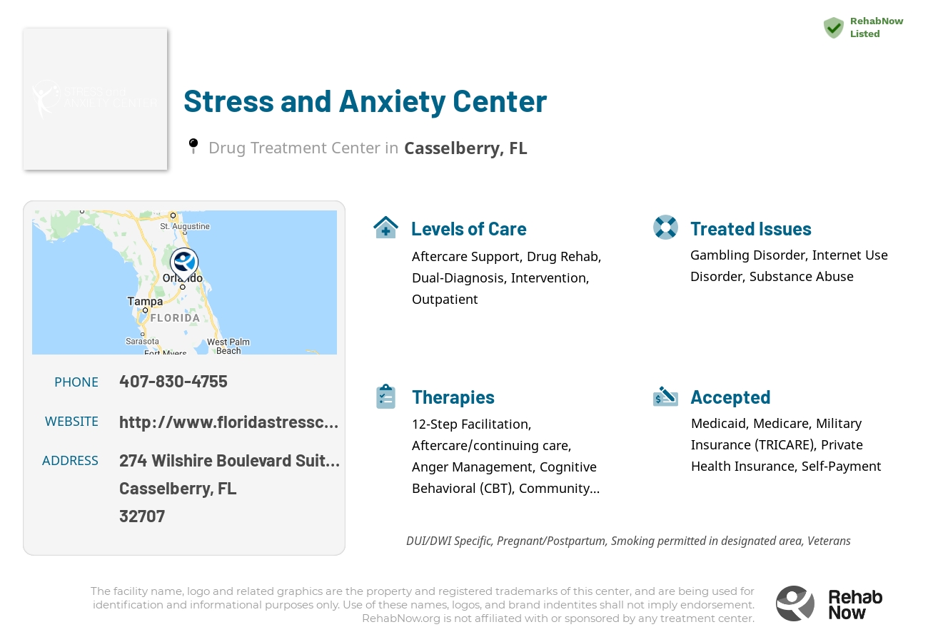 Helpful reference information for Stress and Anxiety Center, a drug treatment center in Florida located at: 274 Wilshire Boulevard Suite 221, Casselberry, FL 32707, including phone numbers, official website, and more. Listed briefly is an overview of Levels of Care, Therapies Offered, Issues Treated, and accepted forms of Payment Methods.