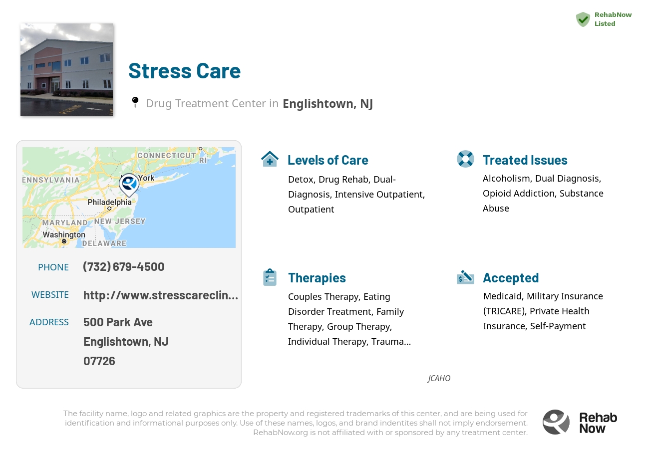 Helpful reference information for Stress Care, a drug treatment center in New Jersey located at: 500 Park Ave, Englishtown, NJ 07726, including phone numbers, official website, and more. Listed briefly is an overview of Levels of Care, Therapies Offered, Issues Treated, and accepted forms of Payment Methods.