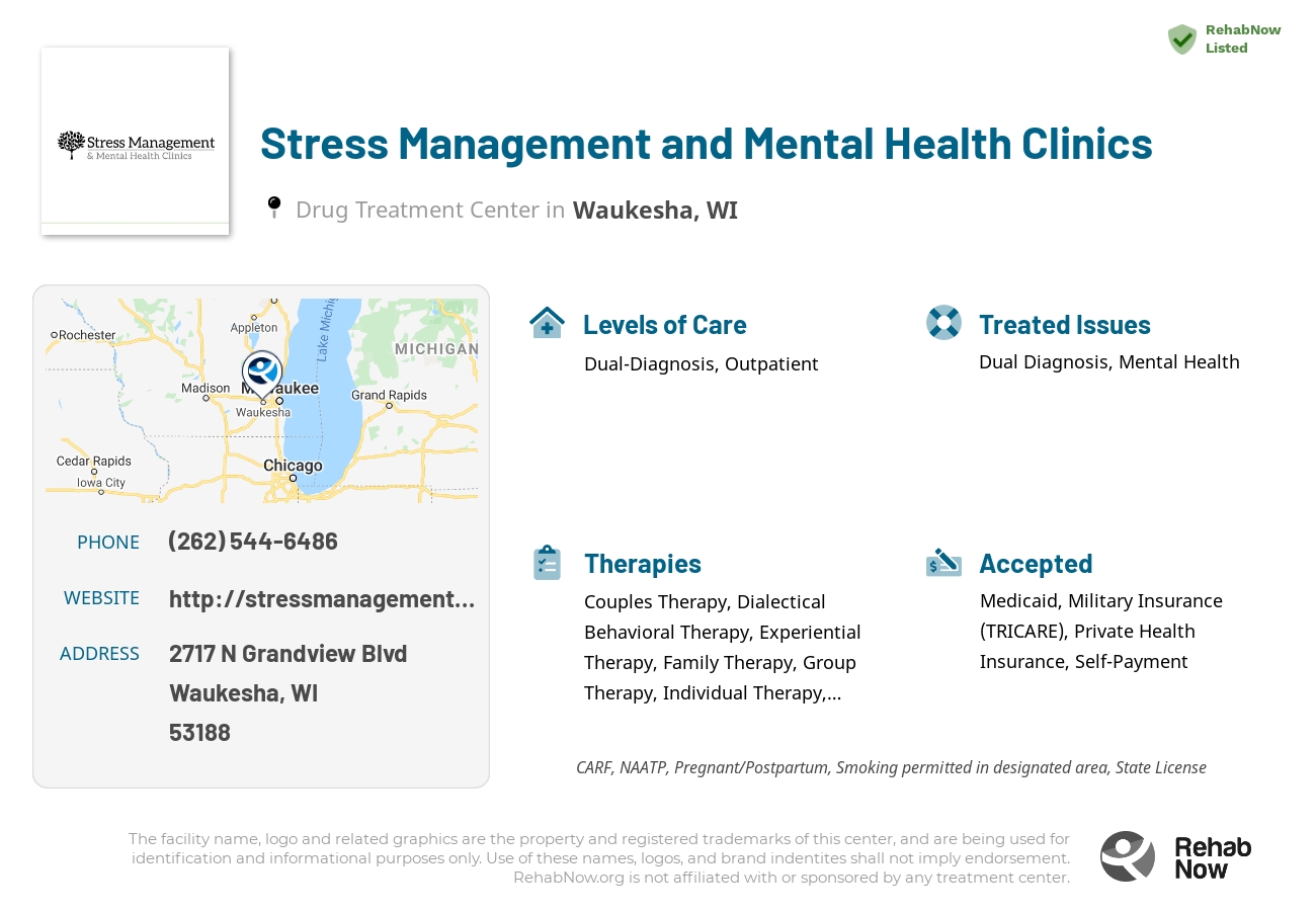Helpful reference information for Stress Management and Mental Health Clinics, a drug treatment center in Wisconsin located at: 2717 N Grandview Blvd, Waukesha, WI 53188, including phone numbers, official website, and more. Listed briefly is an overview of Levels of Care, Therapies Offered, Issues Treated, and accepted forms of Payment Methods.