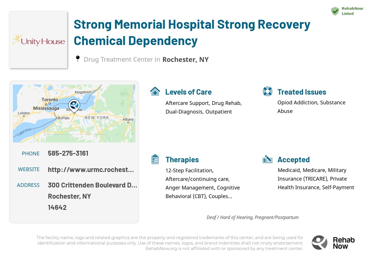 Helpful reference information for Strong Memorial Hospital Strong Recovery Chemical Dependency, a drug treatment center in New York located at: 300 Crittenden Boulevard Department of Psychiatry, Rochester, NY 14642, including phone numbers, official website, and more. Listed briefly is an overview of Levels of Care, Therapies Offered, Issues Treated, and accepted forms of Payment Methods.