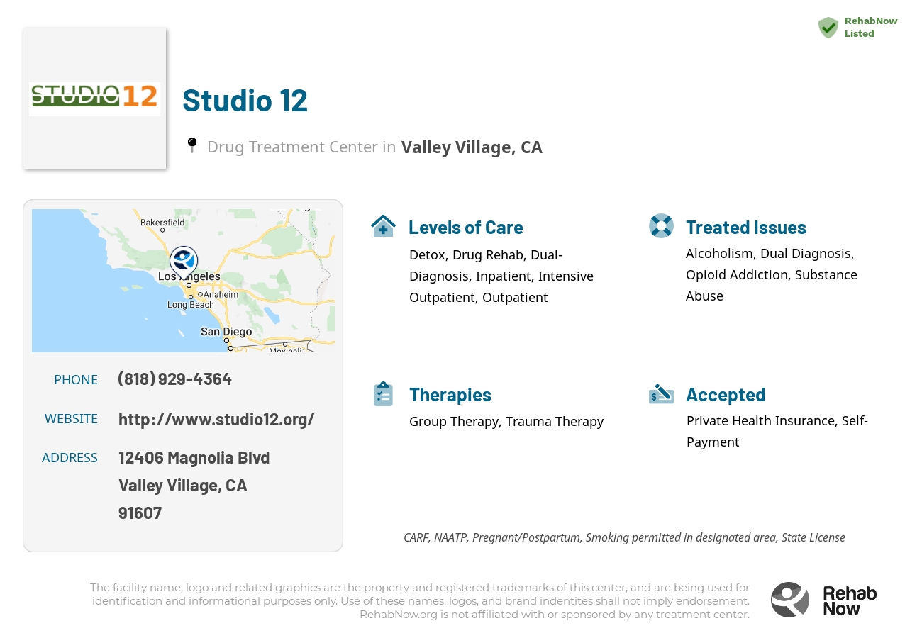 Helpful reference information for Studio 12, a drug treatment center in California located at: 12406 Magnolia Blvd, Valley Village, CA 91607, including phone numbers, official website, and more. Listed briefly is an overview of Levels of Care, Therapies Offered, Issues Treated, and accepted forms of Payment Methods.