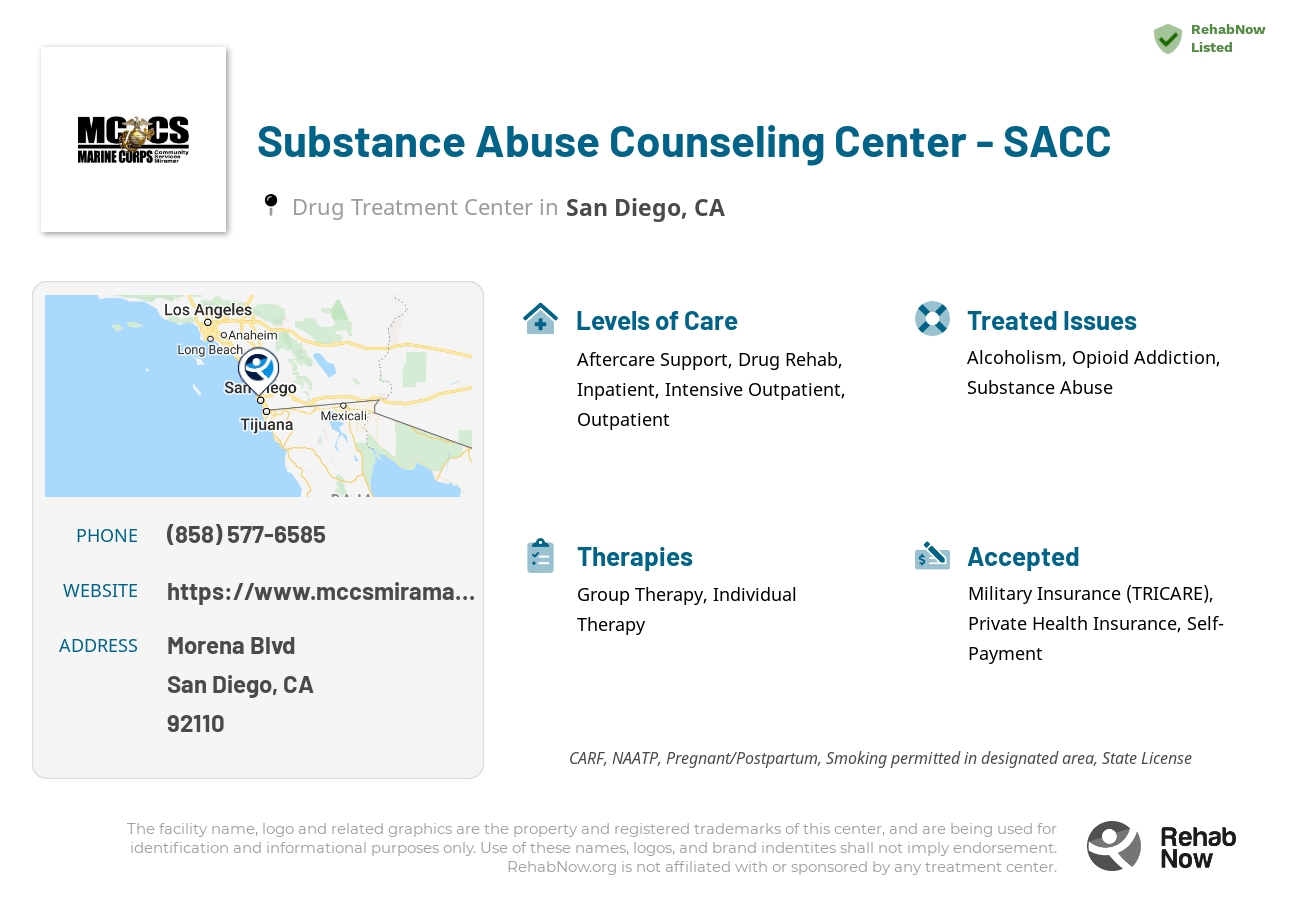 Helpful reference information for Substance Abuse Counseling Center - SACC, a drug treatment center in California located at: Morena Blvd, San Diego, CA 92110, including phone numbers, official website, and more. Listed briefly is an overview of Levels of Care, Therapies Offered, Issues Treated, and accepted forms of Payment Methods.