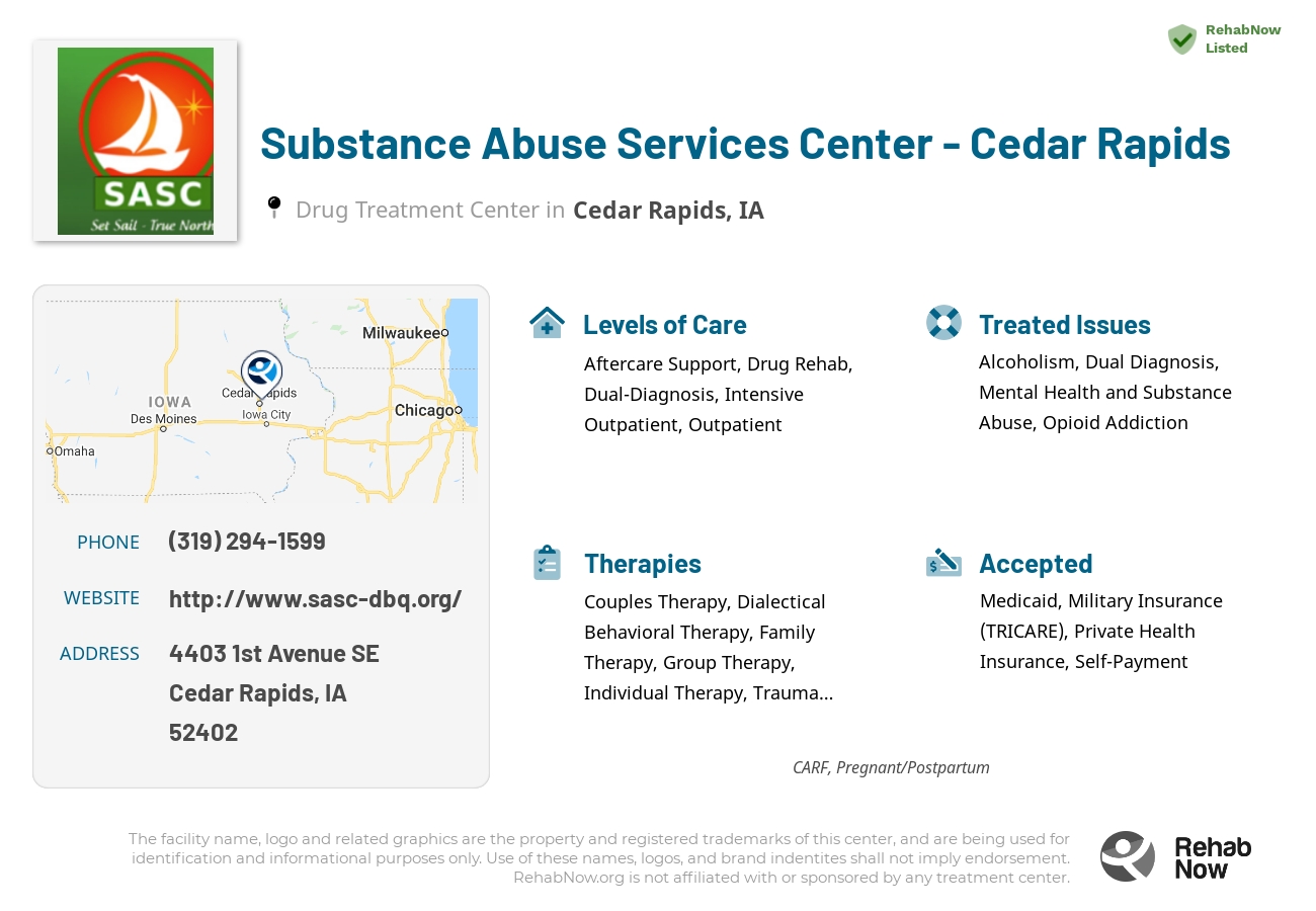 Helpful reference information for Substance Abuse Services Center - Cedar Rapids, a drug treatment center in Iowa located at: 4403 1st Avenue SE, Cedar Rapids, IA, 52402, including phone numbers, official website, and more. Listed briefly is an overview of Levels of Care, Therapies Offered, Issues Treated, and accepted forms of Payment Methods.