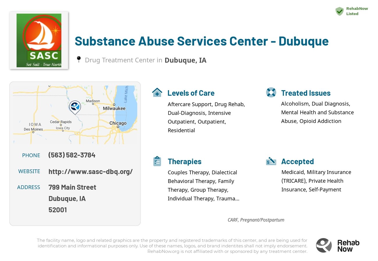 Helpful reference information for Substance Abuse Services Center - Dubuque, a drug treatment center in Iowa located at: 799 Main Street, Dubuque, IA, 52001, including phone numbers, official website, and more. Listed briefly is an overview of Levels of Care, Therapies Offered, Issues Treated, and accepted forms of Payment Methods.