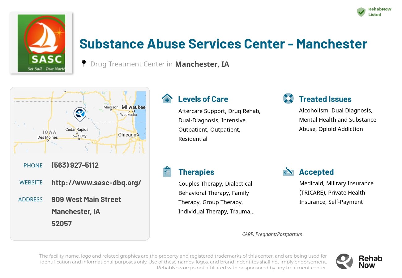 Helpful reference information for Substance Abuse Services Center - Manchester, a drug treatment center in Iowa located at: 909 West Main Street, Manchester, IA, 52057, including phone numbers, official website, and more. Listed briefly is an overview of Levels of Care, Therapies Offered, Issues Treated, and accepted forms of Payment Methods.
