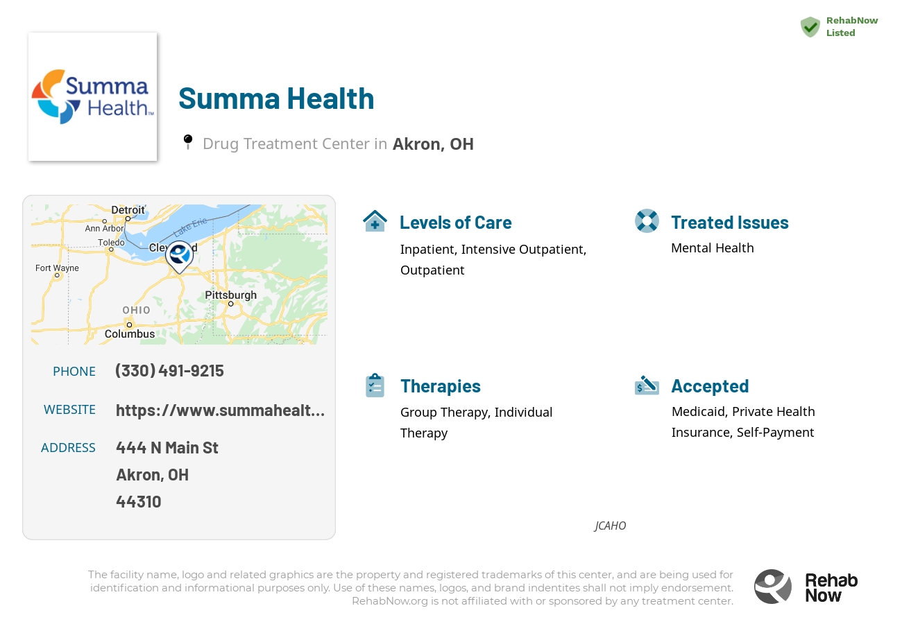 Helpful reference information for Summa Health, a drug treatment center in Ohio located at: 444 N Main St, Akron, OH 44310, including phone numbers, official website, and more. Listed briefly is an overview of Levels of Care, Therapies Offered, Issues Treated, and accepted forms of Payment Methods.