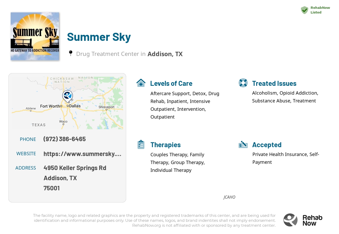 Helpful reference information for Summer Sky, a drug treatment center in Texas located at: 4950 Keller Springs Rd, Addison, TX 75001, including phone numbers, official website, and more. Listed briefly is an overview of Levels of Care, Therapies Offered, Issues Treated, and accepted forms of Payment Methods.