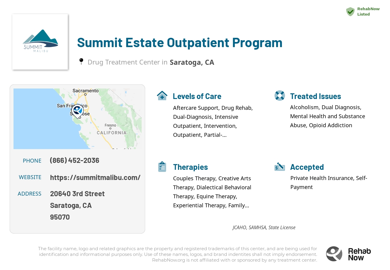 Helpful reference information for Summit Estate Outpatient Program, a drug treatment center in California located at: 20640 3rd Street, Saratoga, CA, 95070, including phone numbers, official website, and more. Listed briefly is an overview of Levels of Care, Therapies Offered, Issues Treated, and accepted forms of Payment Methods.