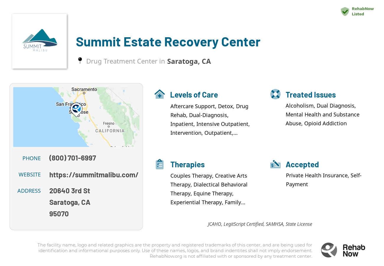 Helpful reference information for Summit Estate Recovery Center, a drug treatment center in California located at: 20640 3rd St, Saratoga, CA, 95070, including phone numbers, official website, and more. Listed briefly is an overview of Levels of Care, Therapies Offered, Issues Treated, and accepted forms of Payment Methods.