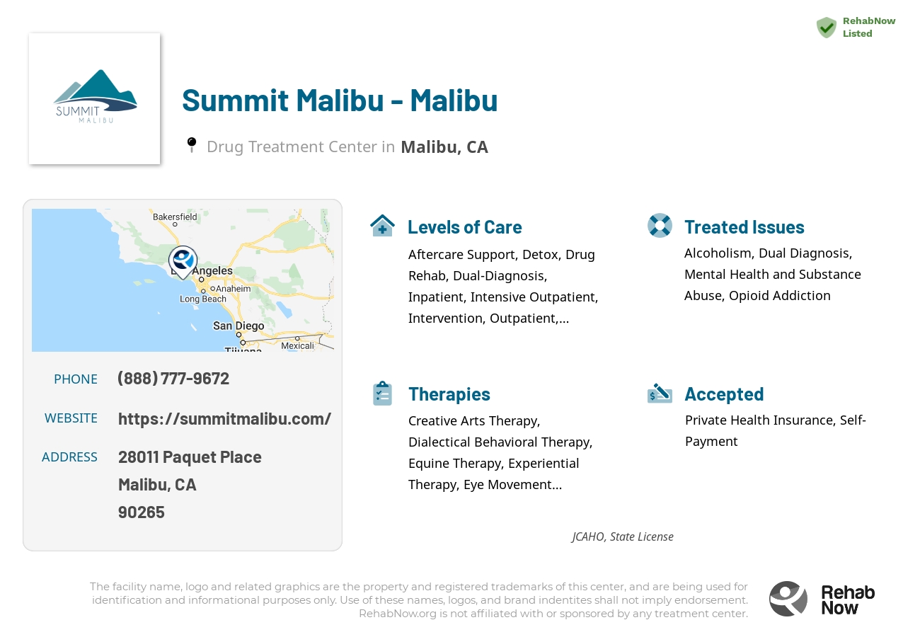 Helpful reference information for Summit Malibu - Malibu, a drug treatment center in California located at: 28011 Paquet Place, Malibu, CA, 90265, including phone numbers, official website, and more. Listed briefly is an overview of Levels of Care, Therapies Offered, Issues Treated, and accepted forms of Payment Methods.