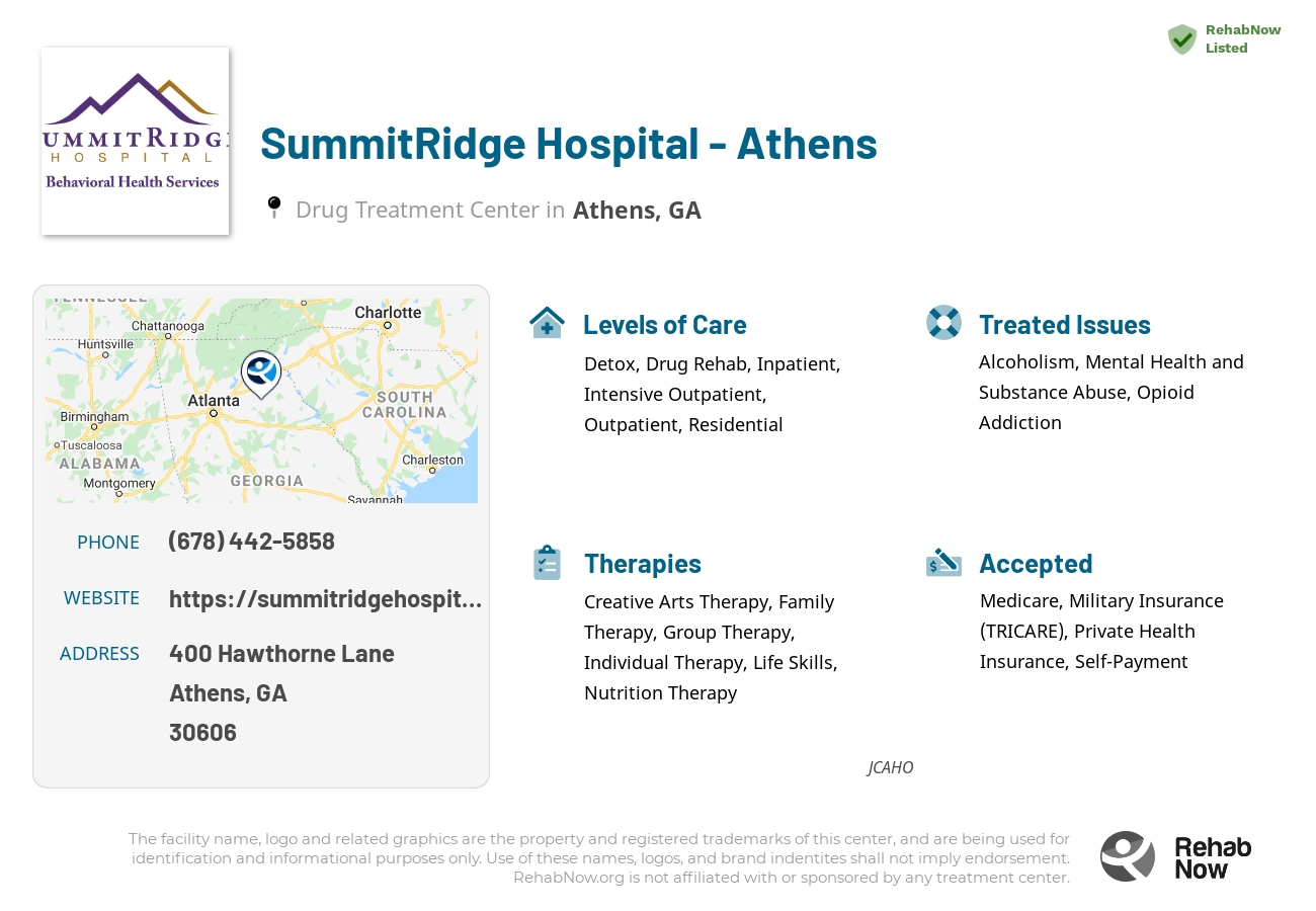 Helpful reference information for SummitRidge Hospital - Athens, a drug treatment center in Georgia located at: 400 400 Hawthorne Lane, Athens, GA 30606, including phone numbers, official website, and more. Listed briefly is an overview of Levels of Care, Therapies Offered, Issues Treated, and accepted forms of Payment Methods.