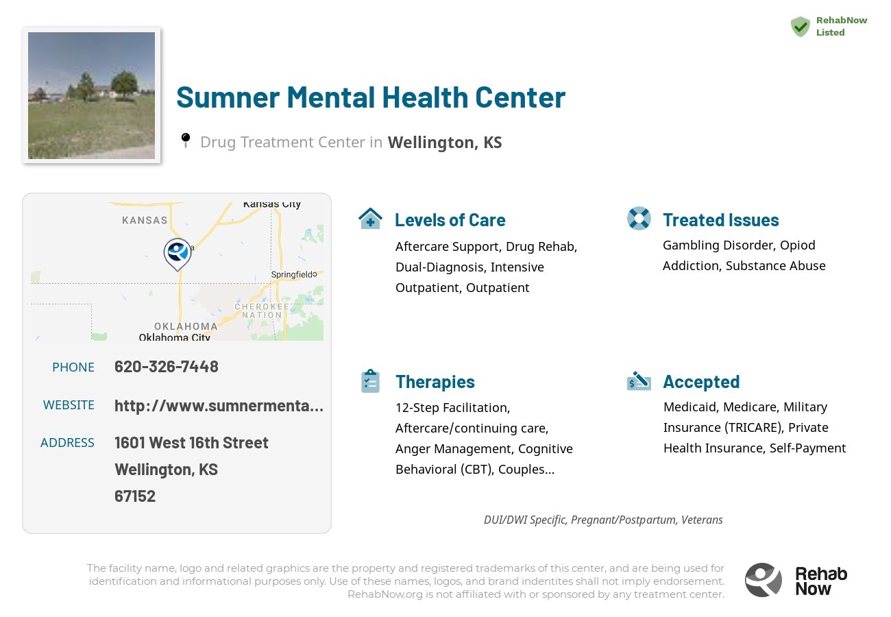 Helpful reference information for Sumner Mental Health Center, a drug treatment center in Kansas located at: 1601 West 16th Street, Wellington, KS 67152, including phone numbers, official website, and more. Listed briefly is an overview of Levels of Care, Therapies Offered, Issues Treated, and accepted forms of Payment Methods.