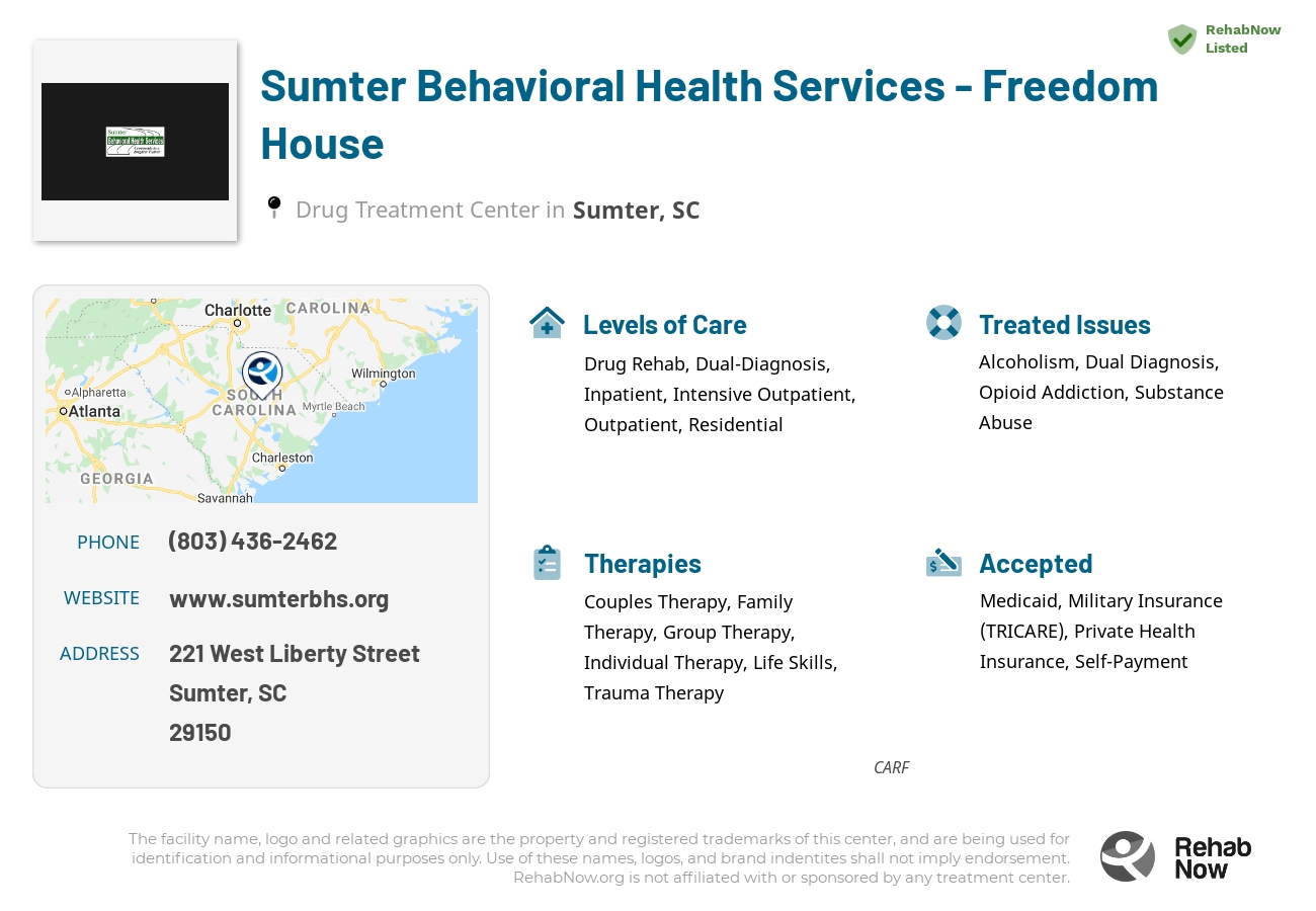Helpful reference information for Sumter Behavioral Health Services - Freedom House, a drug treatment center in South Carolina located at: 221 221 West Liberty Street, Sumter, SC 29150, including phone numbers, official website, and more. Listed briefly is an overview of Levels of Care, Therapies Offered, Issues Treated, and accepted forms of Payment Methods.