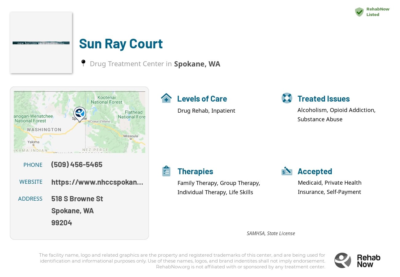 Helpful reference information for Sun Ray Court, a drug treatment center in Washington located at: 518 S Browne St, Spokane, WA 99204, including phone numbers, official website, and more. Listed briefly is an overview of Levels of Care, Therapies Offered, Issues Treated, and accepted forms of Payment Methods.