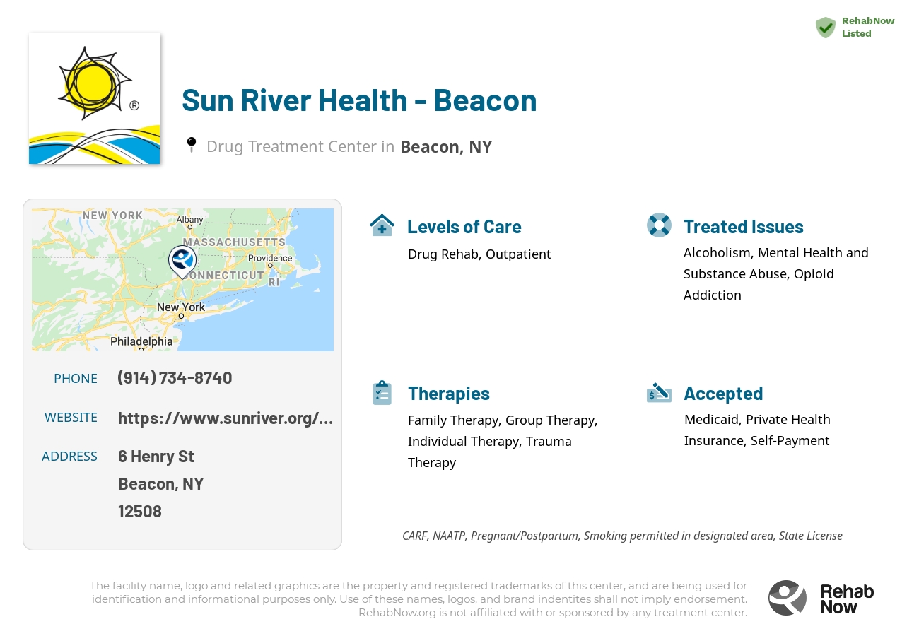 Helpful reference information for Sun River Health - Beacon, a drug treatment center in New York located at: 6 Henry St, Beacon, NY 12508, including phone numbers, official website, and more. Listed briefly is an overview of Levels of Care, Therapies Offered, Issues Treated, and accepted forms of Payment Methods.