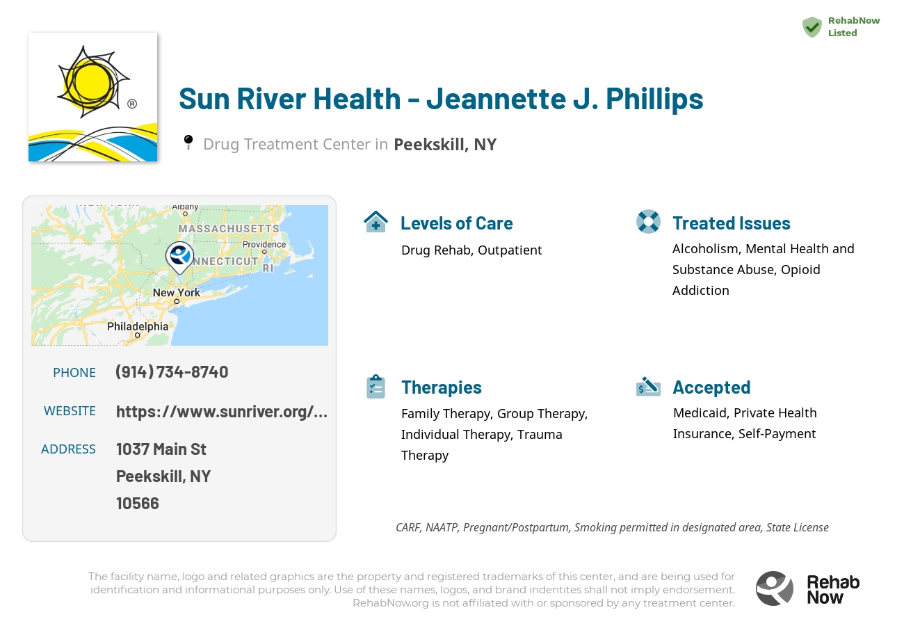 Helpful reference information for Sun River Health - Jeannette J. Phillips, a drug treatment center in New York located at: 1037 Main St, Peekskill, NY 10566, including phone numbers, official website, and more. Listed briefly is an overview of Levels of Care, Therapies Offered, Issues Treated, and accepted forms of Payment Methods.