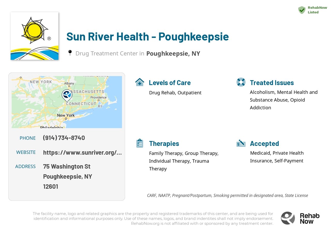 Helpful reference information for Sun River Health - Poughkeepsie, a drug treatment center in New York located at: 75 Washington St, Poughkeepsie, NY 12601, including phone numbers, official website, and more. Listed briefly is an overview of Levels of Care, Therapies Offered, Issues Treated, and accepted forms of Payment Methods.