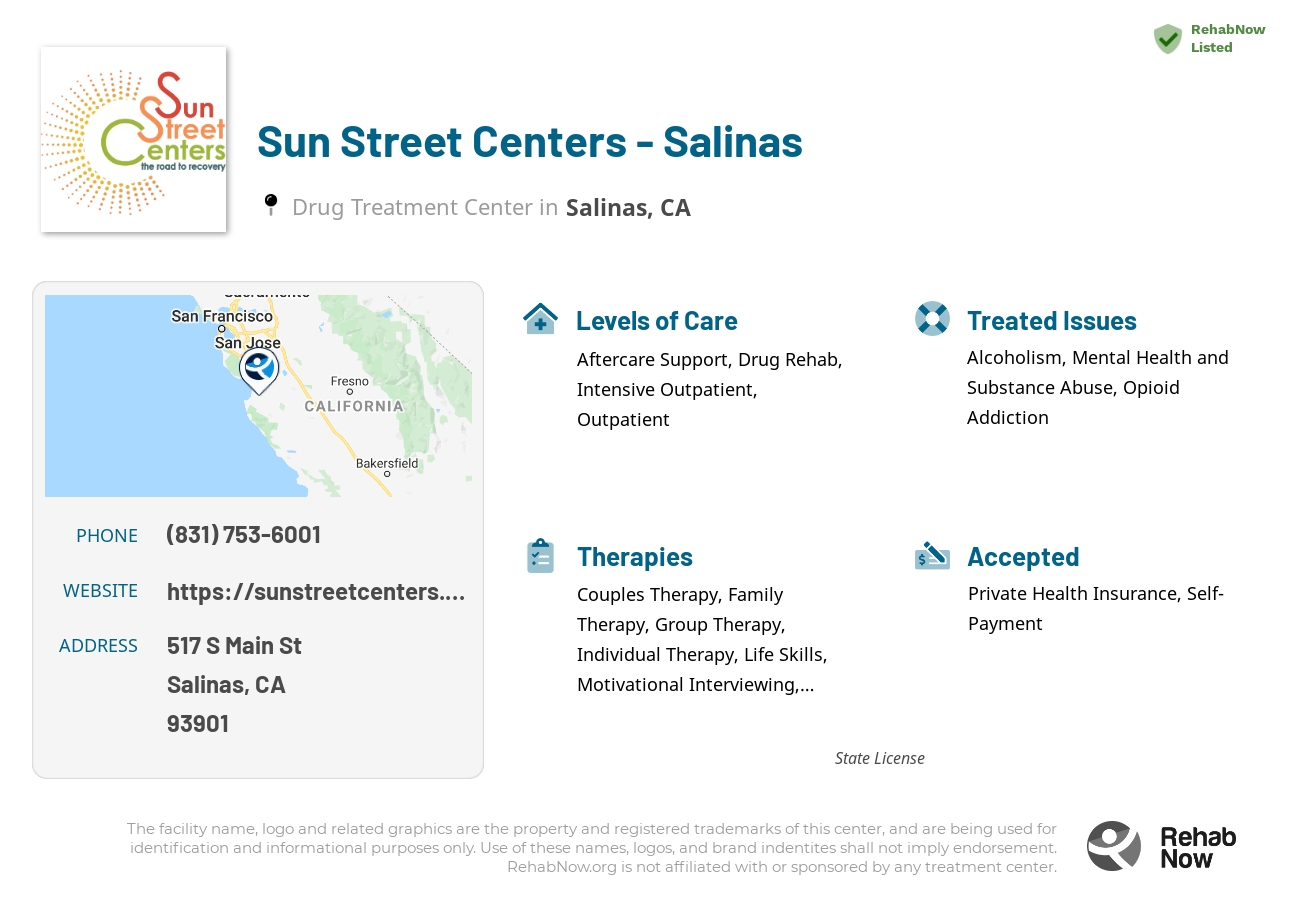 Helpful reference information for Sun Street Centers - Salinas, a drug treatment center in California located at: 517 S Main St, Salinas, CA 93901, including phone numbers, official website, and more. Listed briefly is an overview of Levels of Care, Therapies Offered, Issues Treated, and accepted forms of Payment Methods.