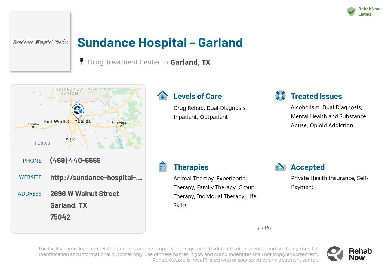 Helpful reference information for Sundance Hospital - Garland, a drug treatment center in Texas located at: 2696 W Walnut Street, Garland, TX, 75042, including phone numbers, official website, and more. Listed briefly is an overview of Levels of Care, Therapies Offered, Issues Treated, and accepted forms of Payment Methods.